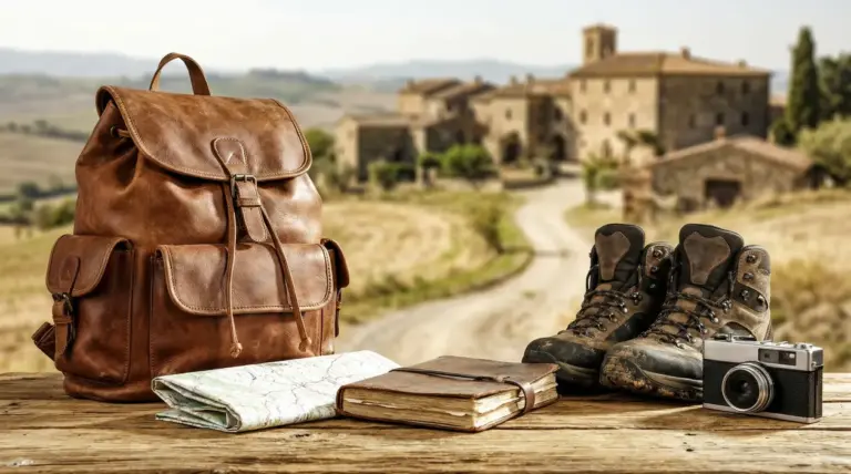 Zaino, scarponi, macchina fotografica e mappa su un tavolo con borgo italiano sullo sfondo