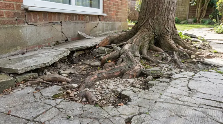 Radici di un albero che sollevano il pavimento e crepano le fondamenta di una casa in mattoni