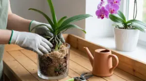 Mani con guanti rinvasano un’orchidea Phalaenopsis in vaso trasparente con corteccia, vicino a finestra luminosa