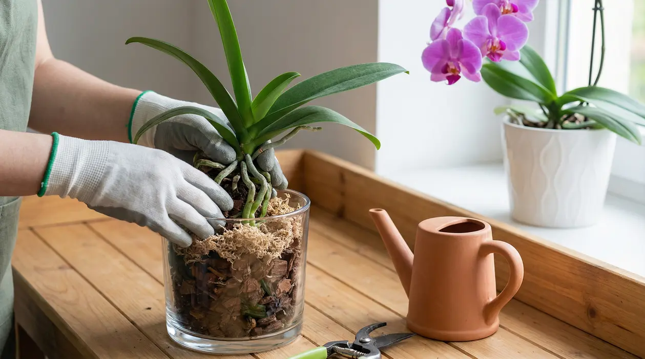 Mani con guanti rinvasano un’orchidea Phalaenopsis in vaso trasparente con corteccia, vicino a finestra luminosa