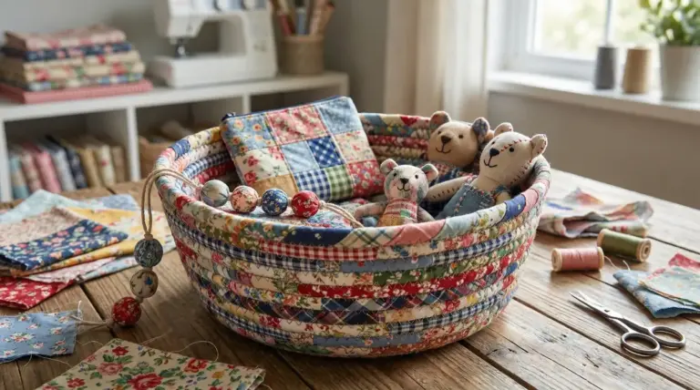 Cestino in stoffa patchwork con pupazzi e cuscinetto, su tavolo da cucito con ritagli di tessuto e forbici