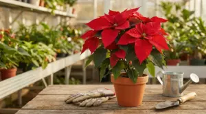 Stella di Natale in vaso di terracotta su tavolo in serra, con annaffiatoio e attrezzi da giardinaggio
