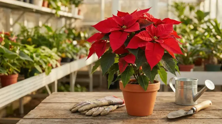 Stella di Natale in vaso di terracotta su tavolo in serra, con annaffiatoio e attrezzi da giardinaggio