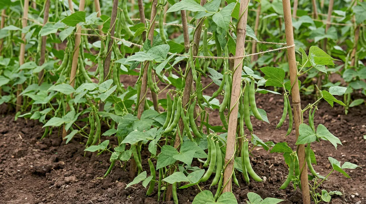 Fagiolini rampicanti su canne e spago nell’orto, con baccelli verdi pronti da raccogliere