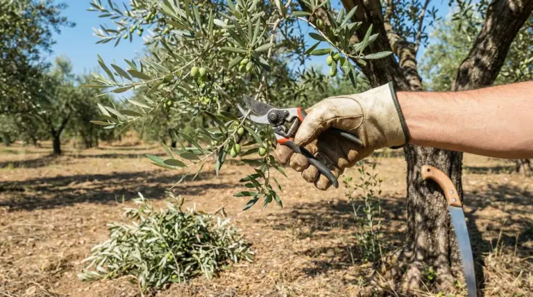 Mano con guanto che pota un ramo di ulivo con cesoie in un uliveto, con olive verdi e rami tagliati a terra