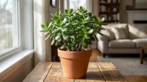 Pianta di albero di giada in vaso di terracotta su tavolo vicino a una finestra, in un soggiorno luminoso