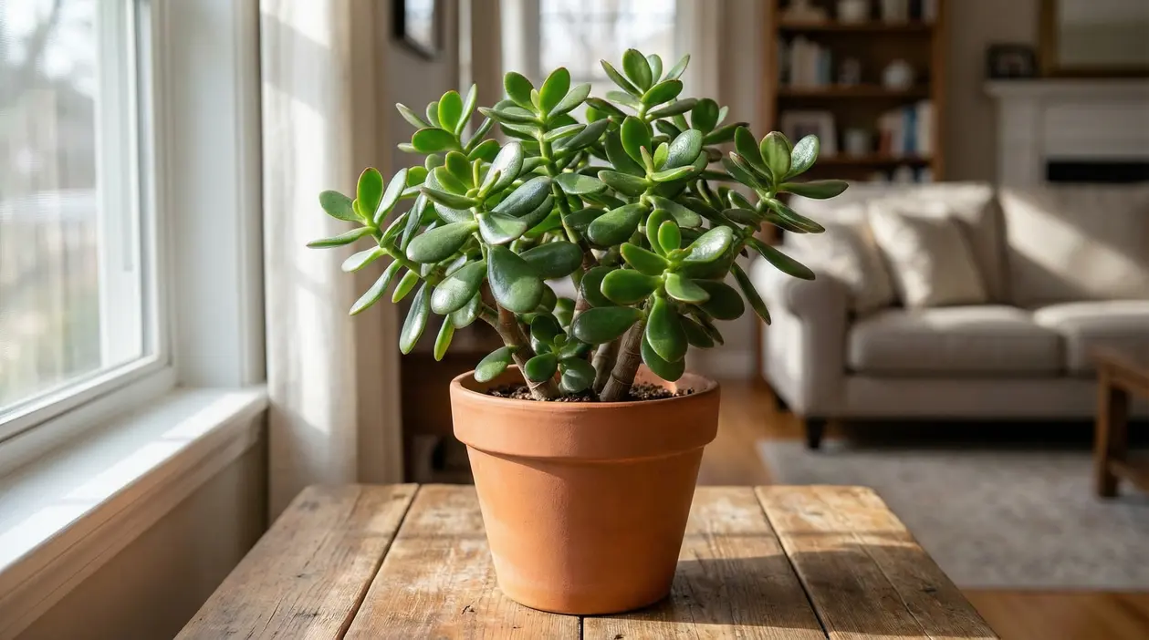 Pianta di albero di giada in vaso di terracotta su tavolo vicino a una finestra, in un soggiorno luminoso