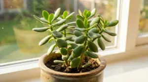 Pianta grassa albero di giada (Crassula ovata) in vaso sul davanzale, illuminata dal sole vicino a una finestra