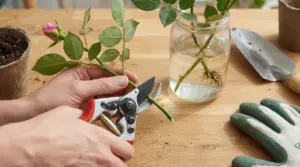 Mani che tagliano una talea di rosa con cesoie su un tavolo, con barattolo d’acqua e radici sullo sfondo.