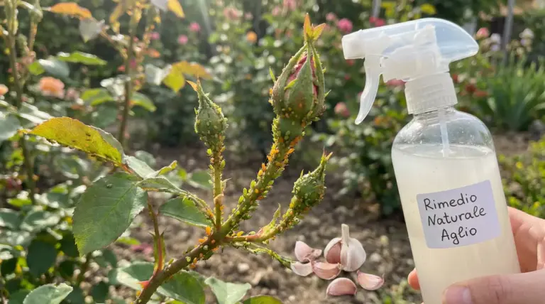 Boccioli di rosa infestati da afidi con flacone spray di rimedio naturale all’aglio in giardino