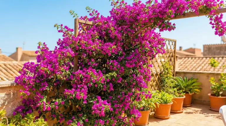 Bougainvillea fucsia rampicante su pergola in legno su terrazzo soleggiato con vasi, ideale come schermo ombreggiante