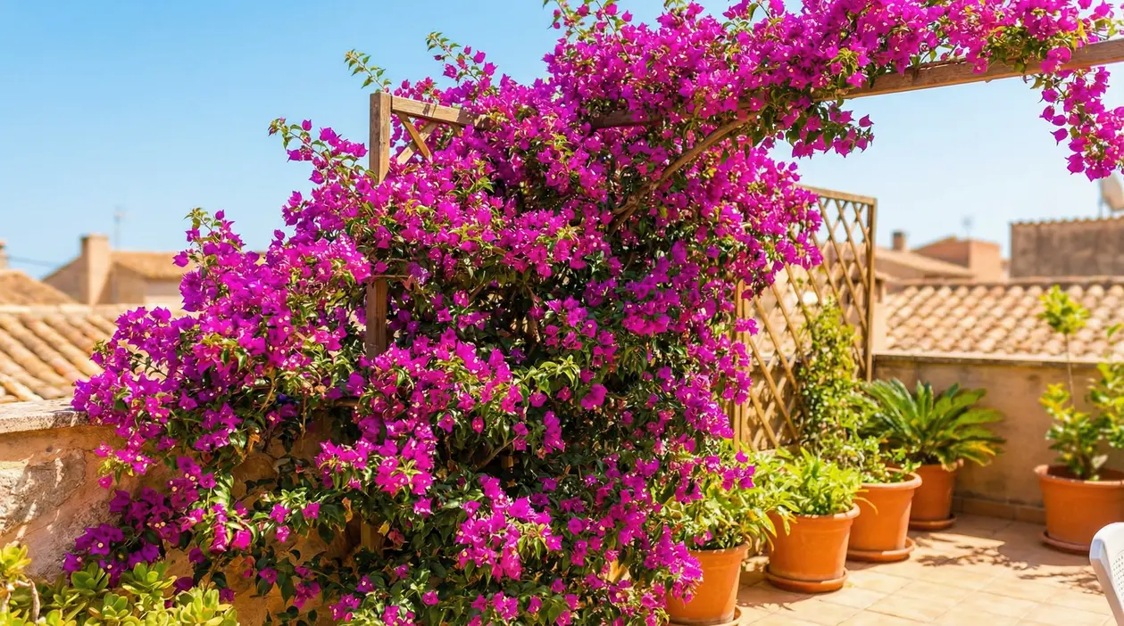 Bougainvillea fucsia rampicante su pergola in legno su terrazzo soleggiato con vasi, ideale come schermo ombreggiante