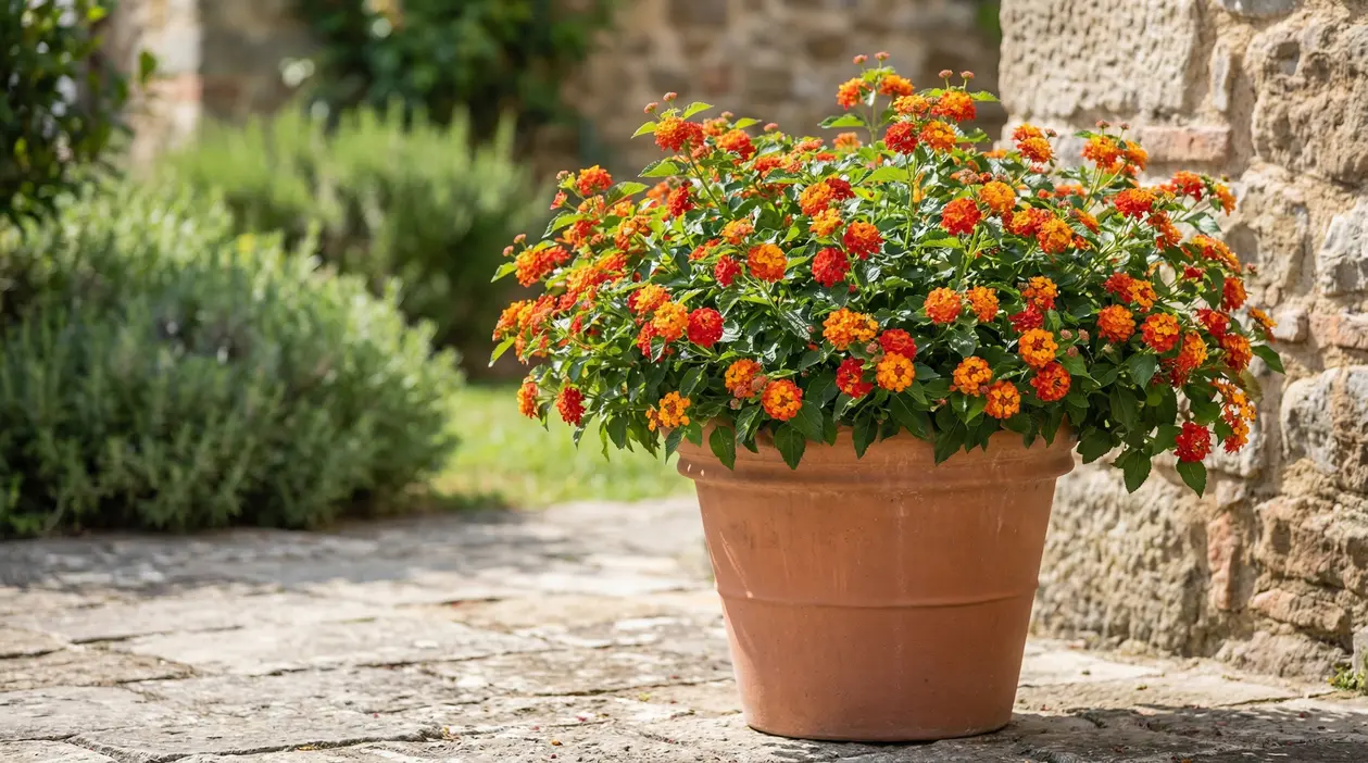 Pianta fiorita con fiori arancioni e rossi in vaso di terracotta, su patio in pietra vicino a un muro