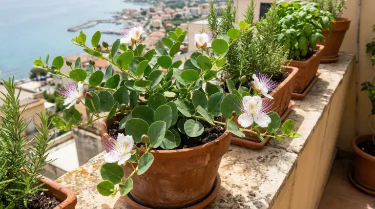 Pianta di cappero in vaso con fiori bianchi su un balcone, con altre erbe aromatiche in vasi di terracotta