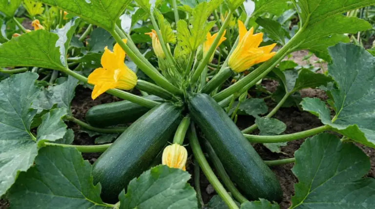 Pianta di zucchine nell’orto con frutti verdi e fiori gialli, pronta per un raccolto abbondante