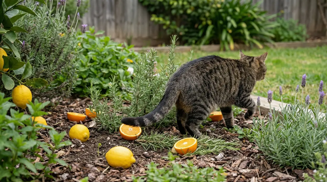 Gatto tigrato che cammina tra aiuole con lavanda e rosmarino, con limoni e arance sul terreno in giardino