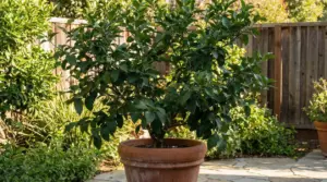 Pianta di limone in vaso su un patio in giardino, con foglie verdi e nessun frutto visibile