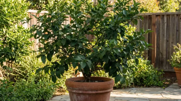 Pianta di limone in vaso su un patio in giardino, con foglie verdi e nessun frutto visibile