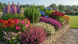 Aiola di piante perenni in fiore con lupini, ortensie e altre fioriture colorate lungo un muretto in pietra