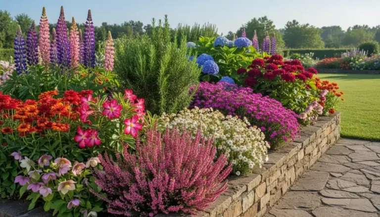 Aiola di piante perenni in fiore con lupini, ortensie e altre fioriture colorate lungo un muretto in pietra
