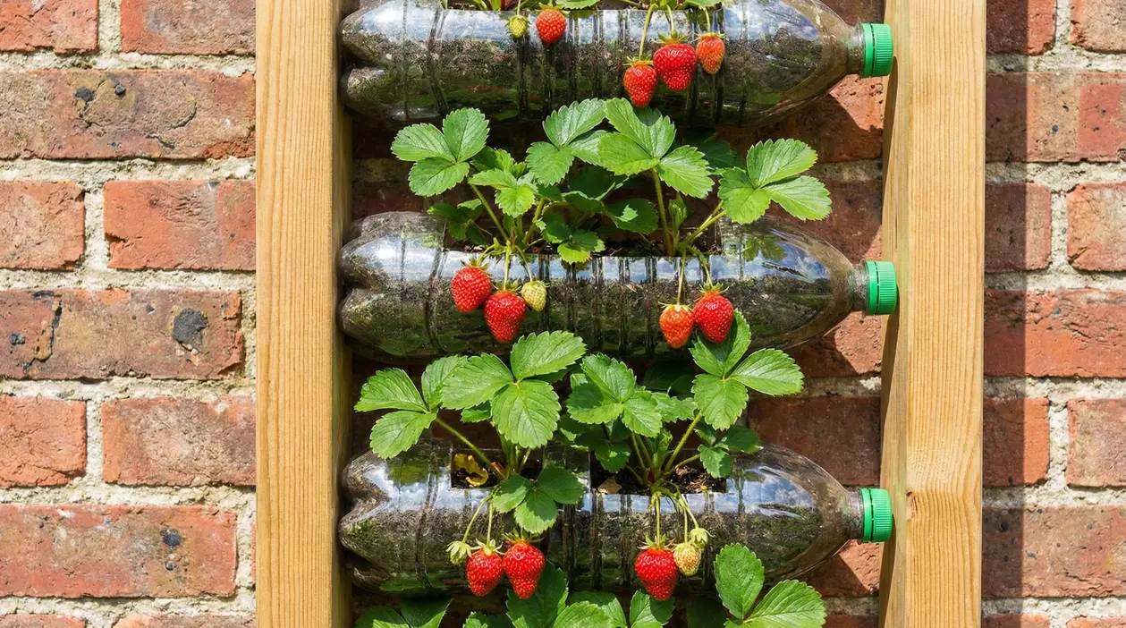 Piante di fragole coltivate in bottiglie di plastica riciclate, disposte in verticale su una struttura di legno