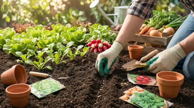 Persona con guanti che semina nell’orto tra piantine e bustine di semi, con ortaggi e attrezzi da giardinaggio