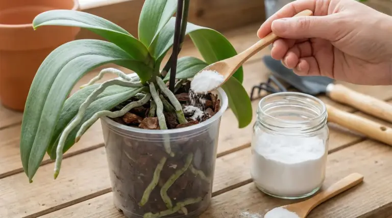 Mano che sparge bicarbonato su un’orchidea in vaso trasparente con radici visibili e bark su tavolo in legno