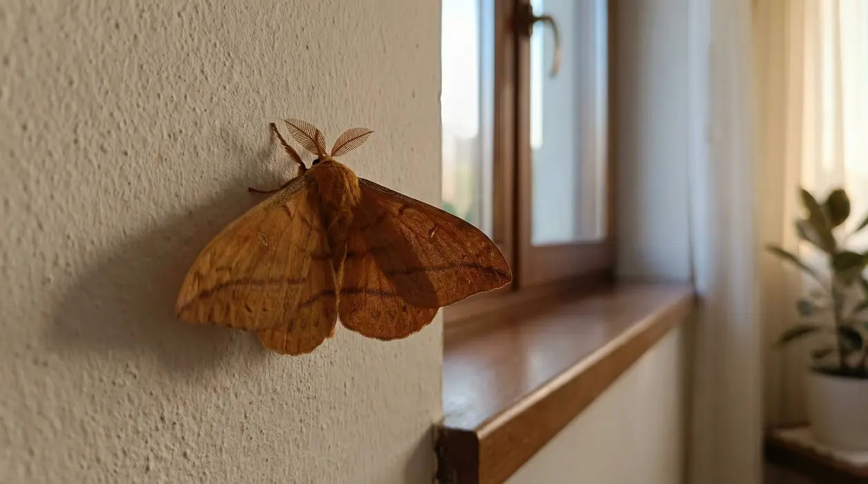 Falena marrone posata su una parete vicino a una finestra in casa
